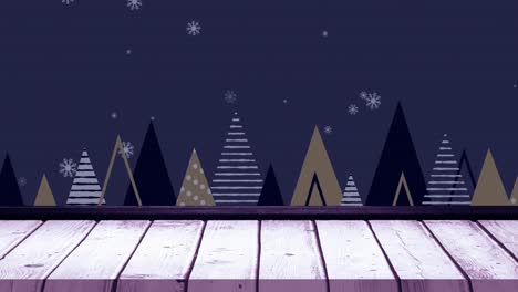 Animation-of-snow-falling-over-fir-trees-at-christmas