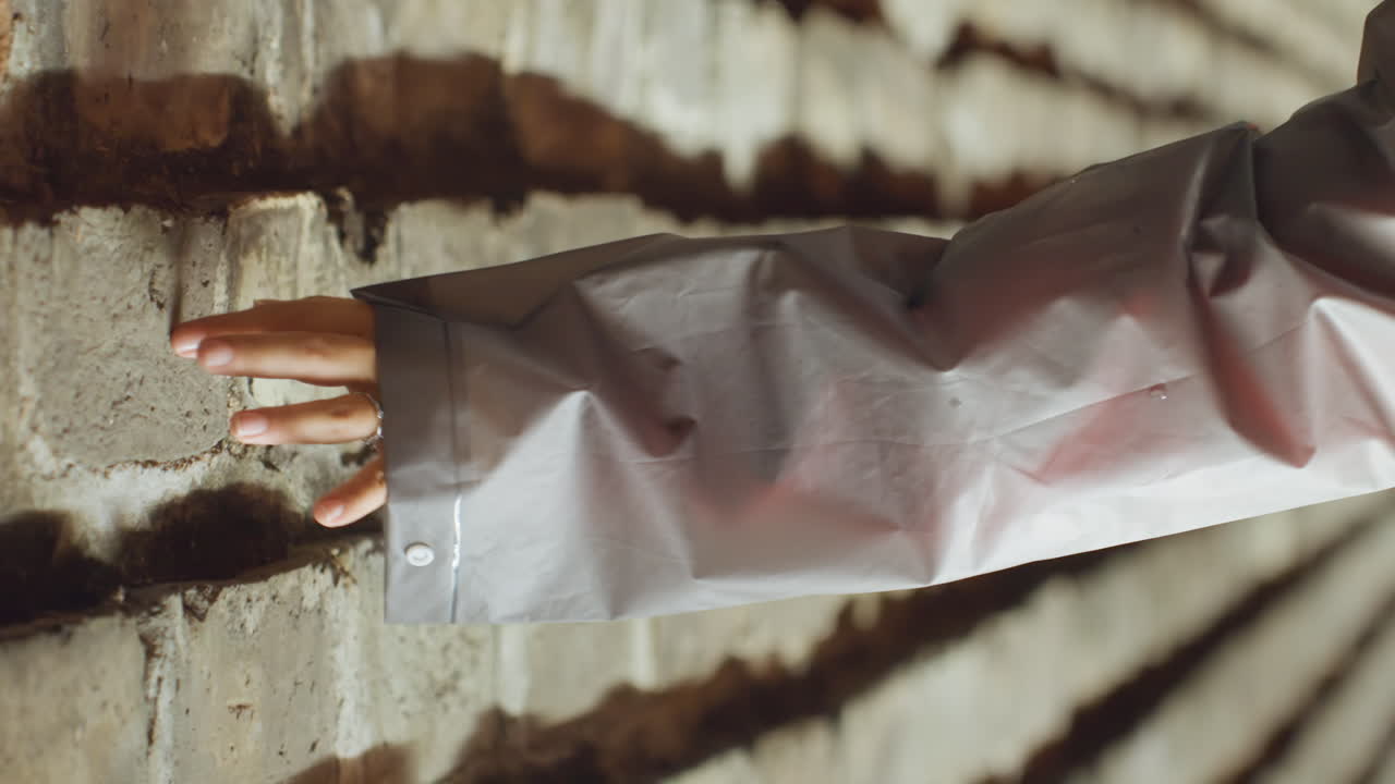 Mano asiática tocando pared iluminada con textura, primer plano de las yemas de los dedos deslizándose sobre hormigón mojado, manga de impermeable resaltada por la luz ambiental de la calle, estudio sensorial íntimo que mezcla curiosidad e inspección