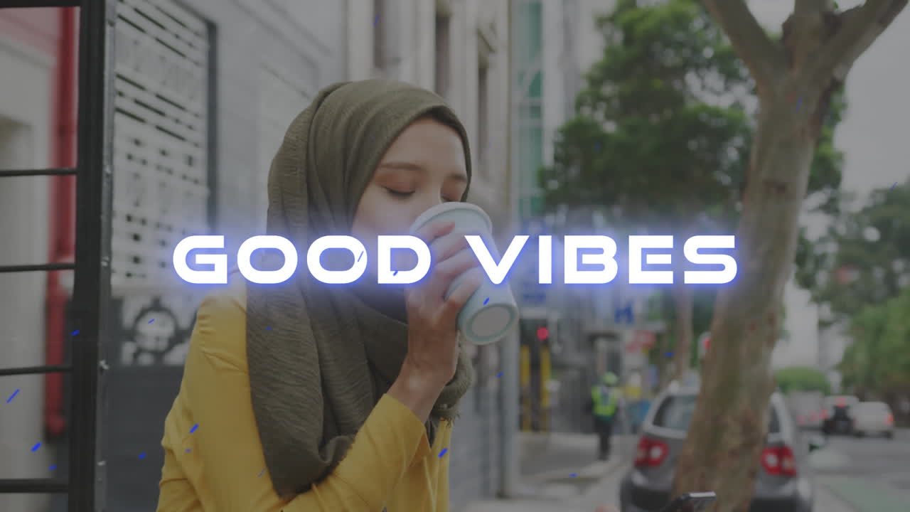 Animation of text vibes over woman with coffee