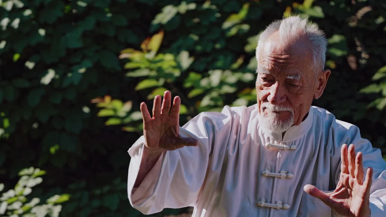 A serene video scene of a person practicing Tai Chi in a lush garden
