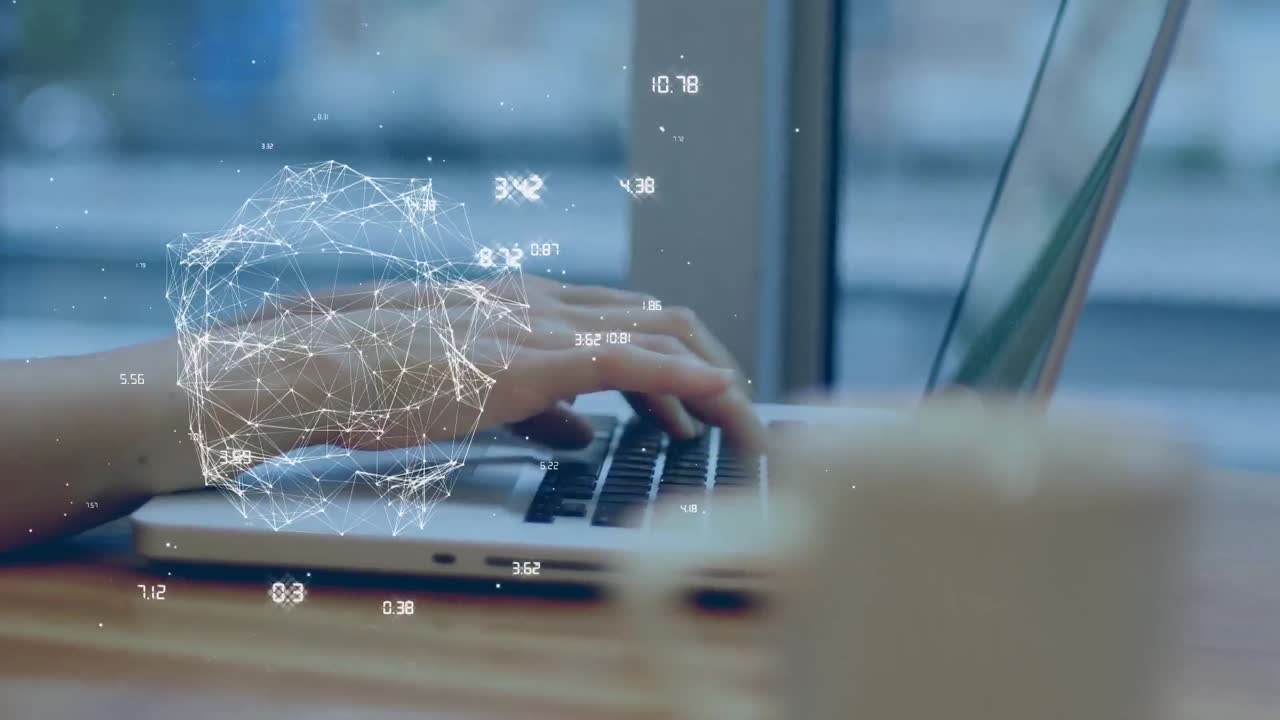 Animation of globe with network of numbers over caucasian woman using laptop