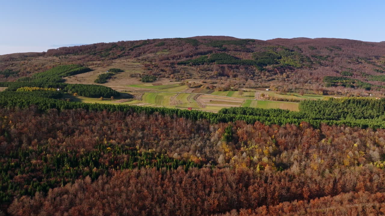 Autumn Aerial View of Forested Hills and Farmland