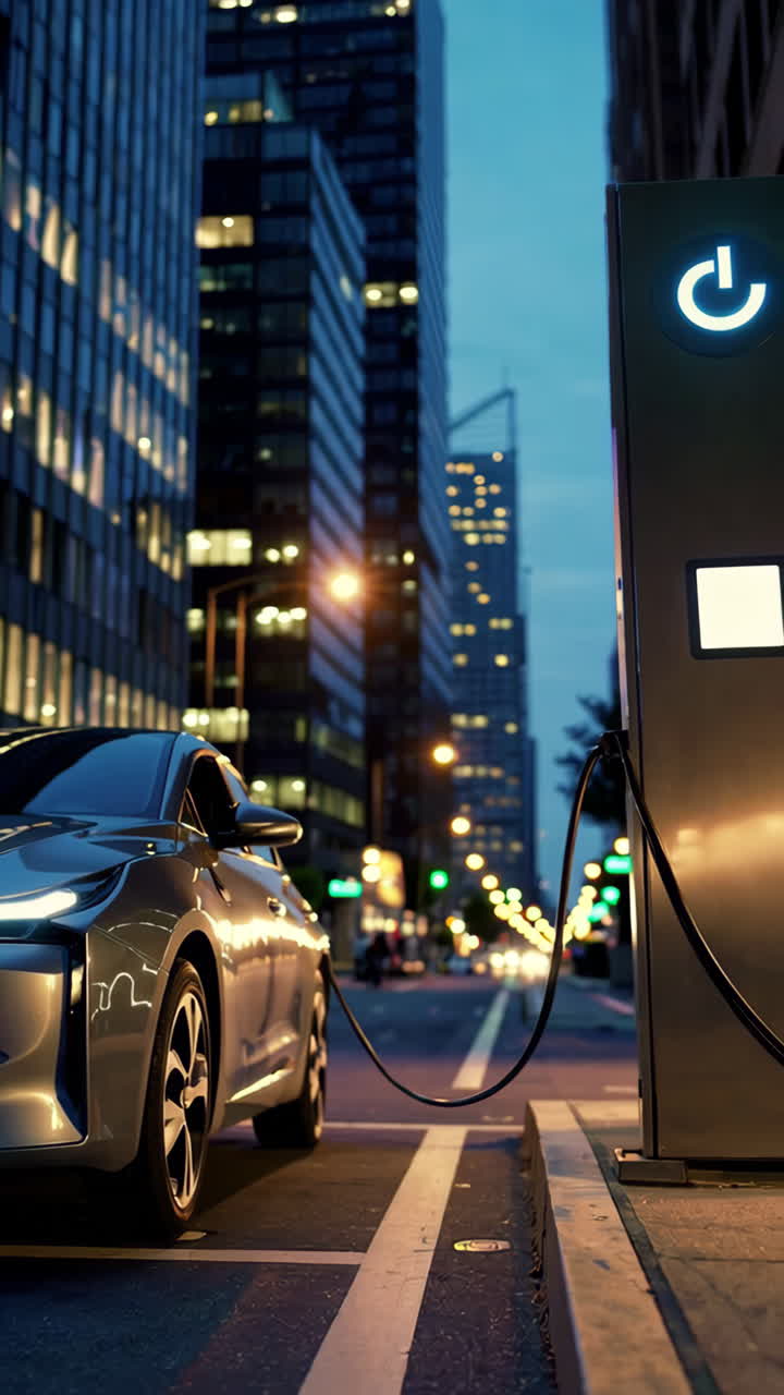 Şehirde Gece Şarj Olan Elektrikli Araba.