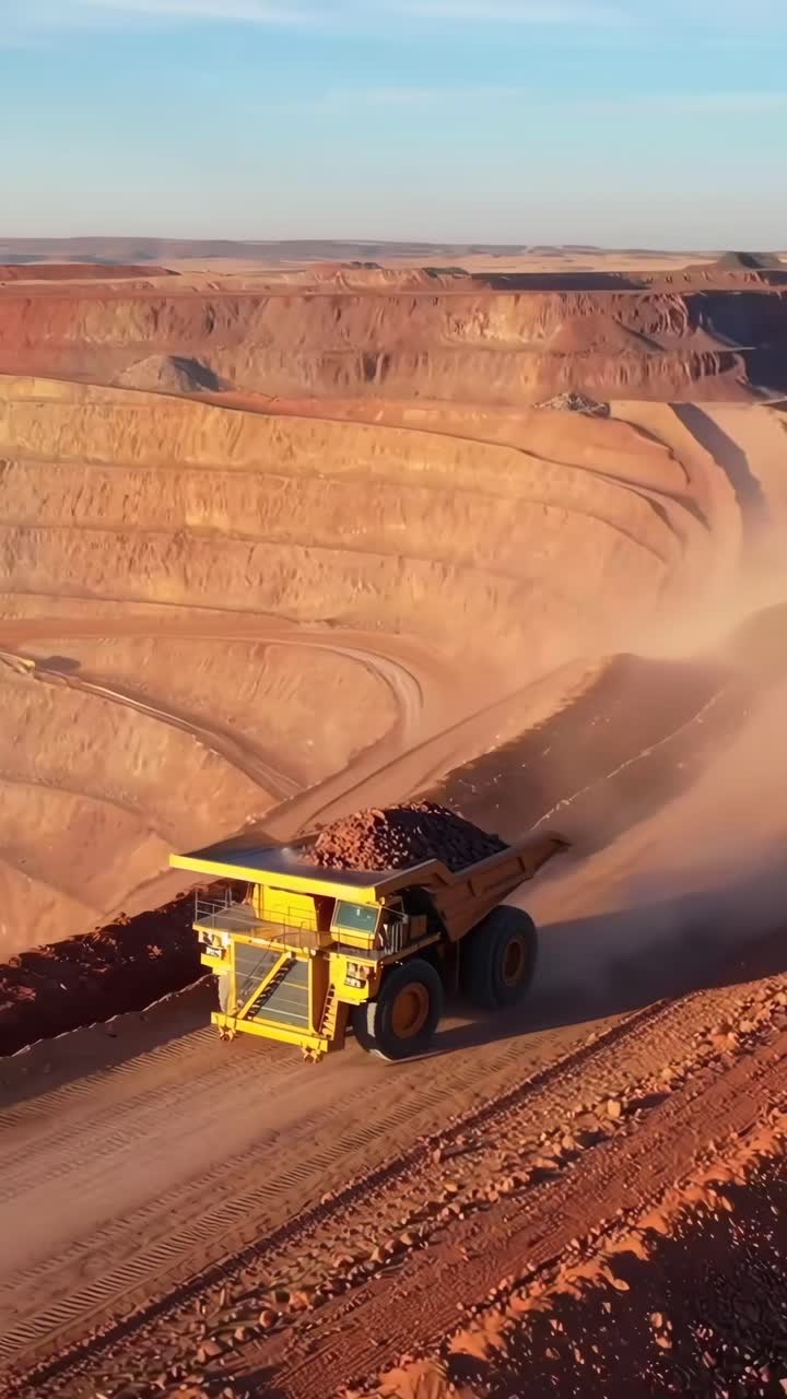 Aerial video of a mining truck on a vast quarry slope, showcasing rugged terrain and scale