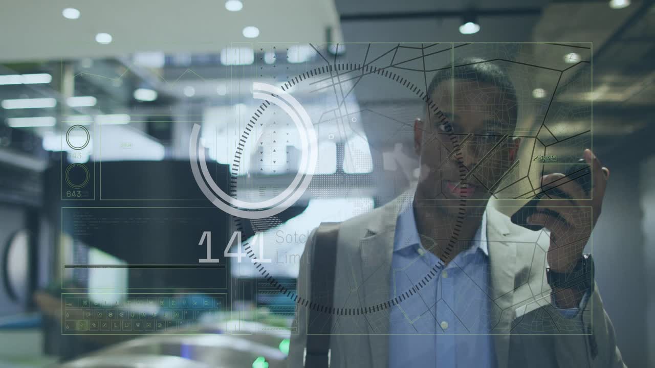 Animation of data processing with scope scanning over african american businessman