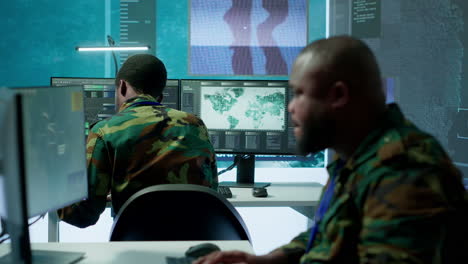 group of soldiers in office environment collaborates on intelligence analysis