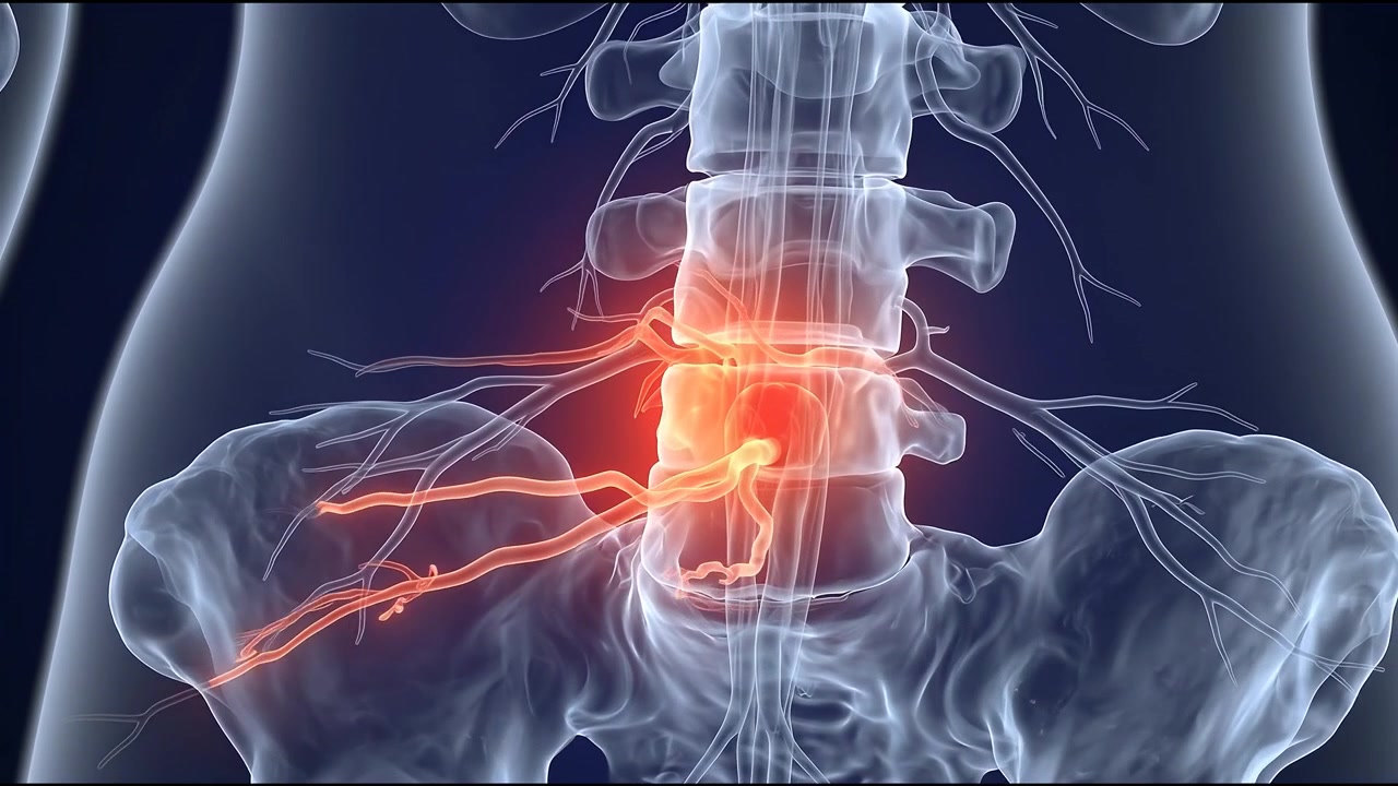 Animazione medica di ernia del disco lombare e compressione nervosa