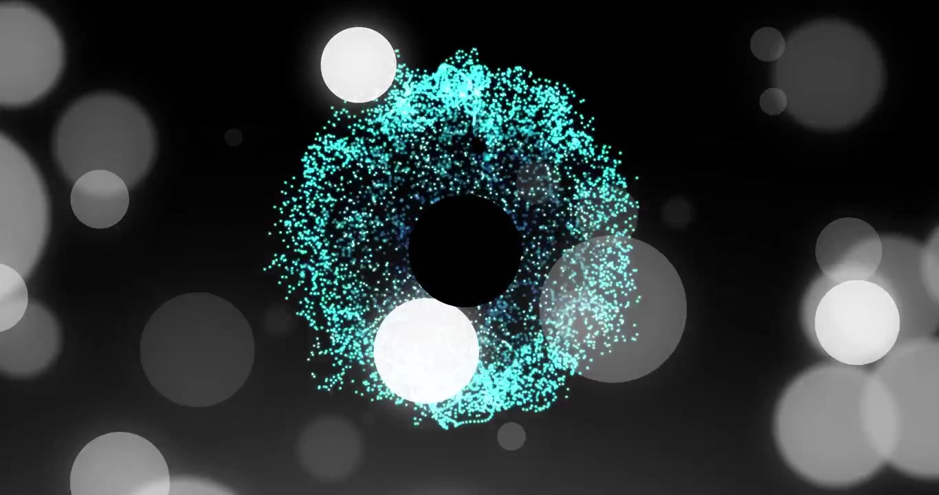 Cyan torus appearing on play, pulsing and rotating while bokeh discs occluding aperture for design
