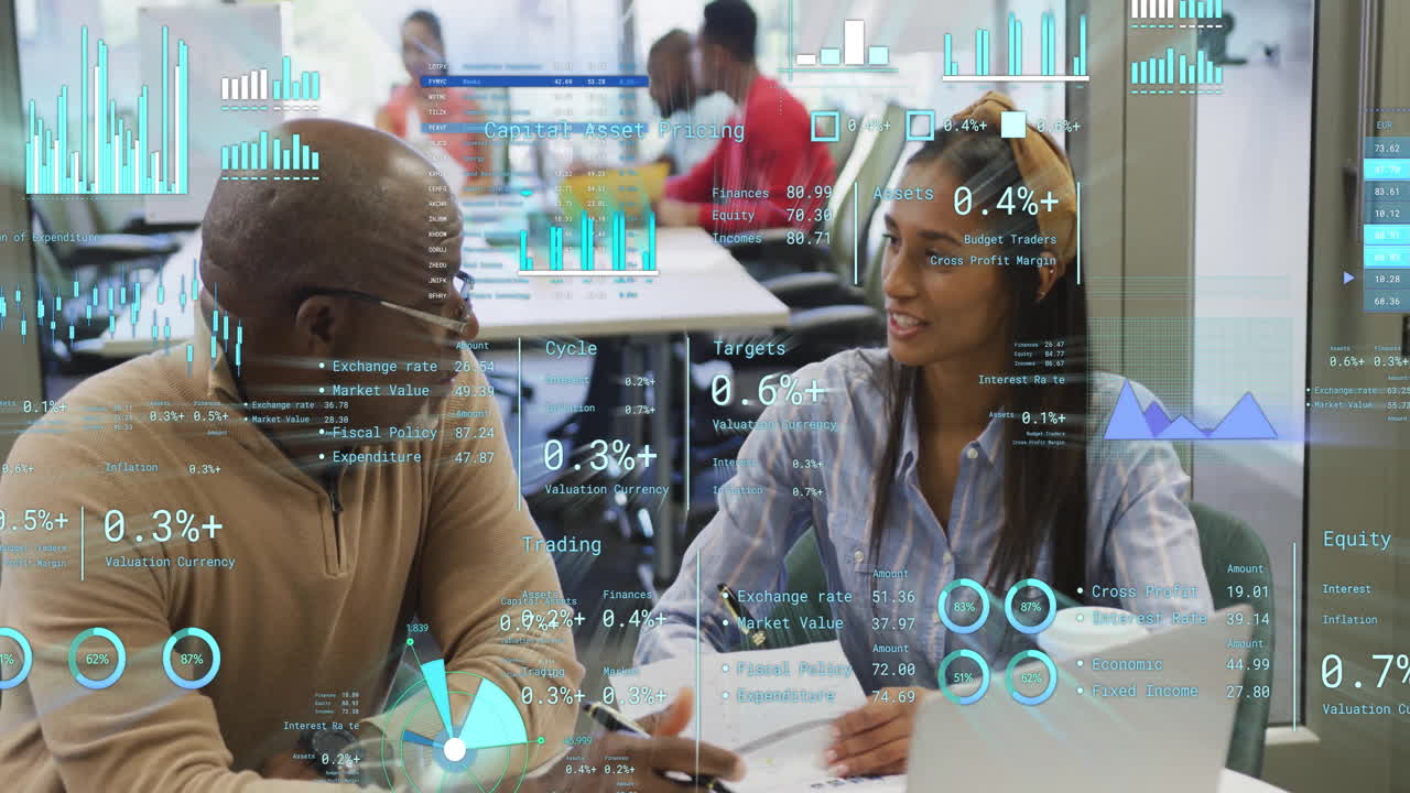 Animation of financial data processing over diverse business people in office