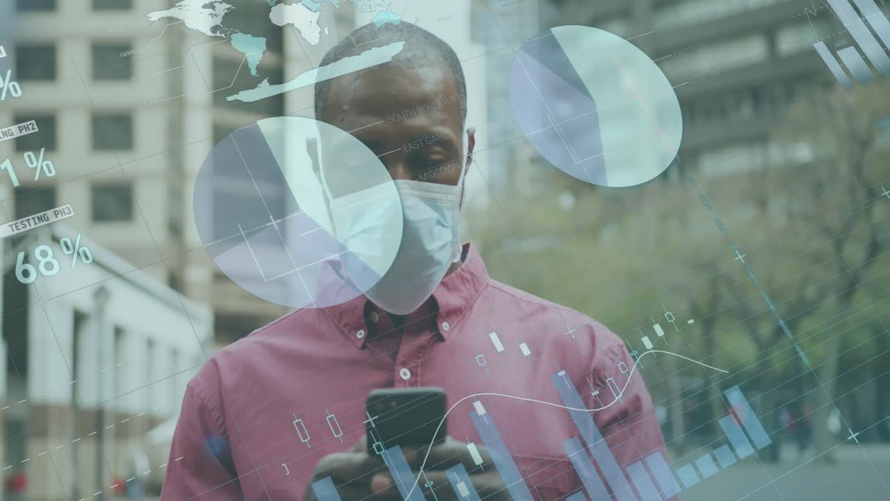 Animation of data processing over african american men wearing face mask using smartphone