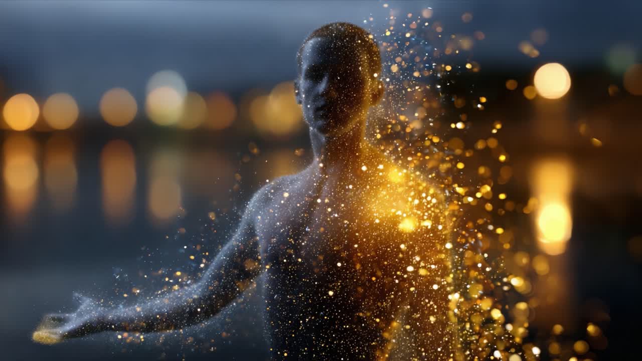 Ethereal Transformation: A Human Form Emanating Shimmering Particles Against a Dreamy Background of Colorful Lights, Merging Reality with a Magical Aesthetic