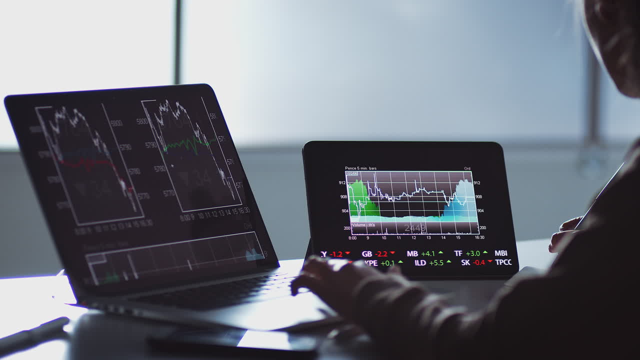 Close Up Of Share Trader At Desk With Stock Price Data Displayed On Laptop And Digital Tablet