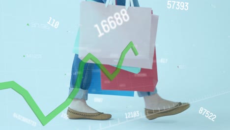 animation of numbers changing and green line financial data processing over woman with shopping bags