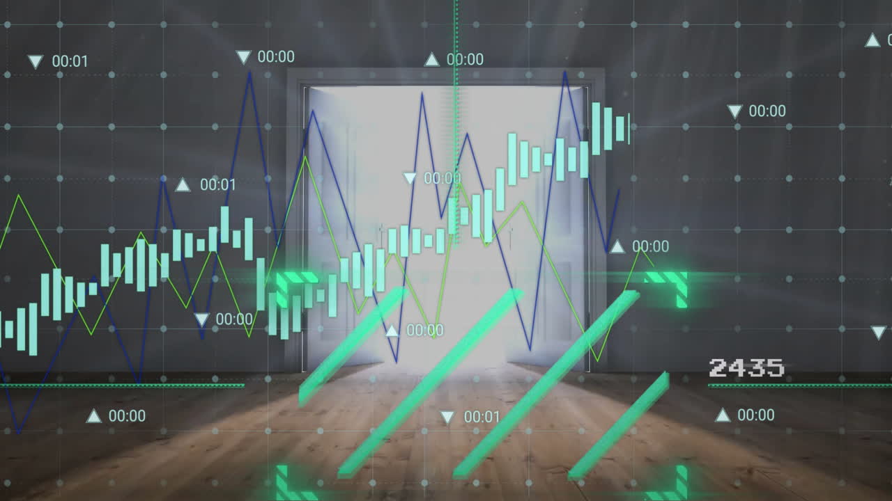 Financial data charts and graphs animation over open door in modern room