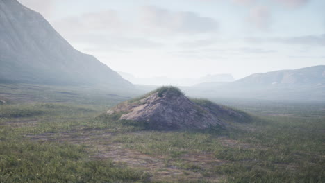 foggy mountain landscape with a grassy field and a dirt path