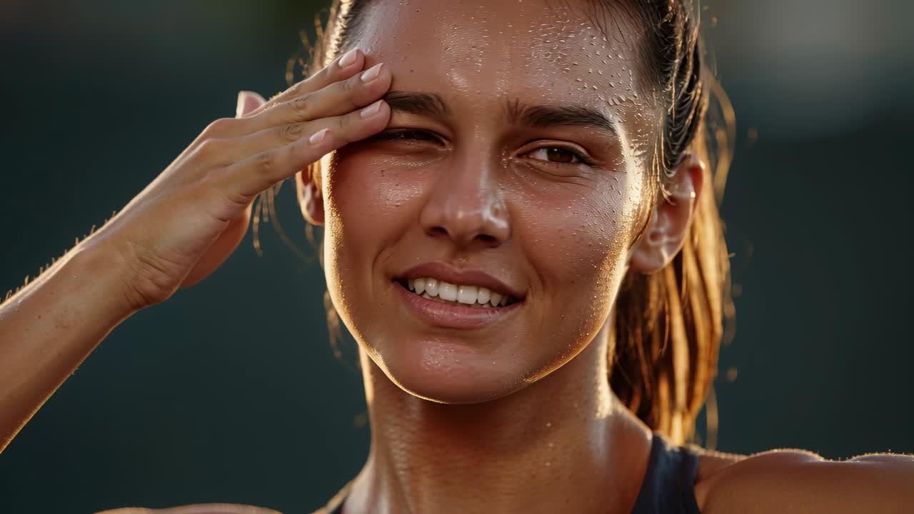 Smiling woman wearing dark tank top catching breath turning wiping sweat pulling ponytail on court
