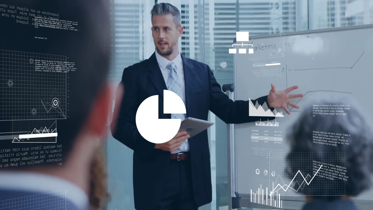 анимация обработки финансовых данных над различными деловыми людьми в офисе