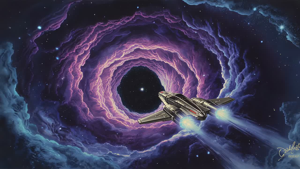 Engine ignition sending twin-engine fighter entering purple nebula tunnel, blue plumes seeking core