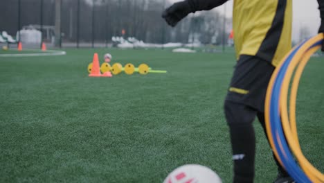 a children's football team trains at the stadium under the guidance of a coach. kids in sports uniforms practice ball exercises, improve technique, and develop teamwork on the green field