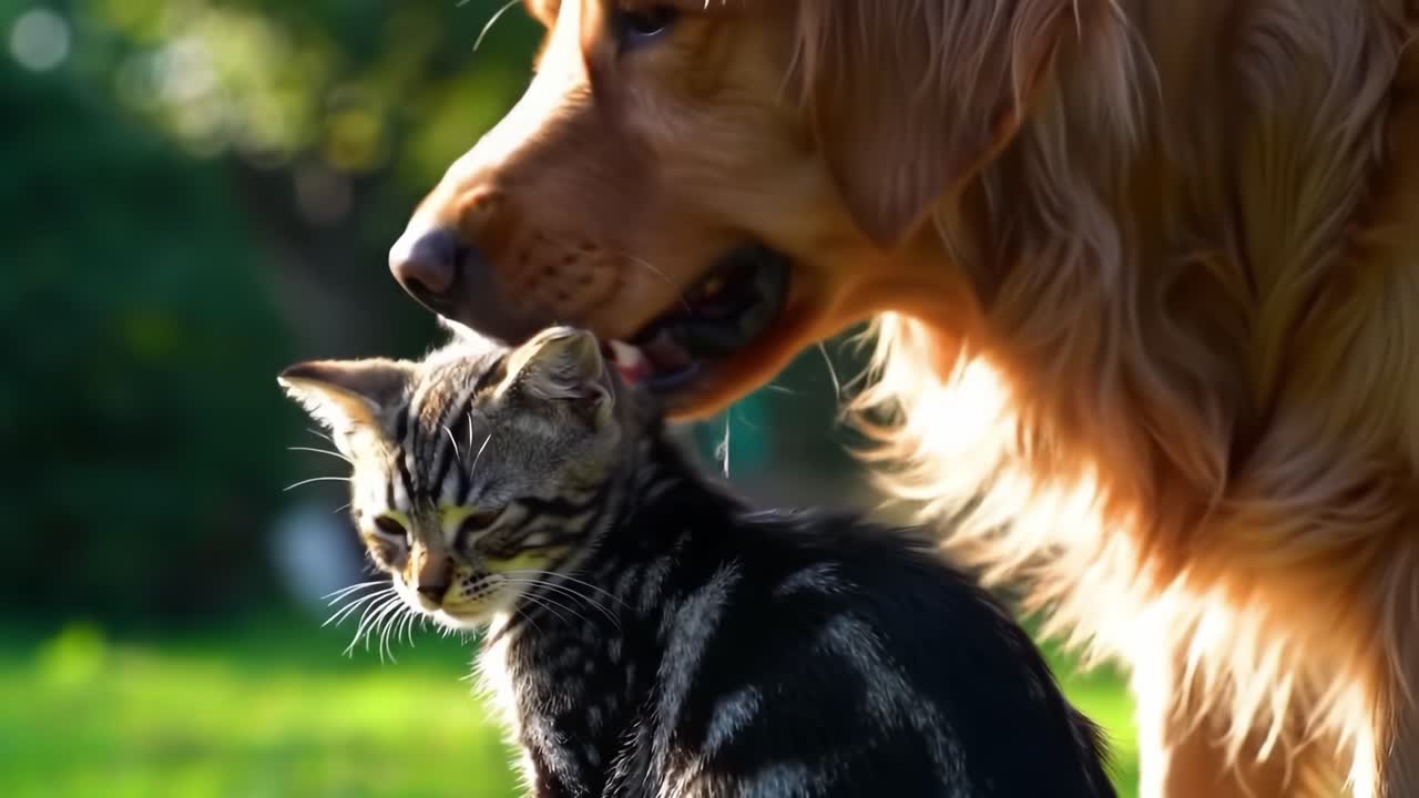 A Heartwarming Moment of Friendship: A Golden Retriever Gently Interacts with a Playful Kitten in a Sunlit Garden Setting