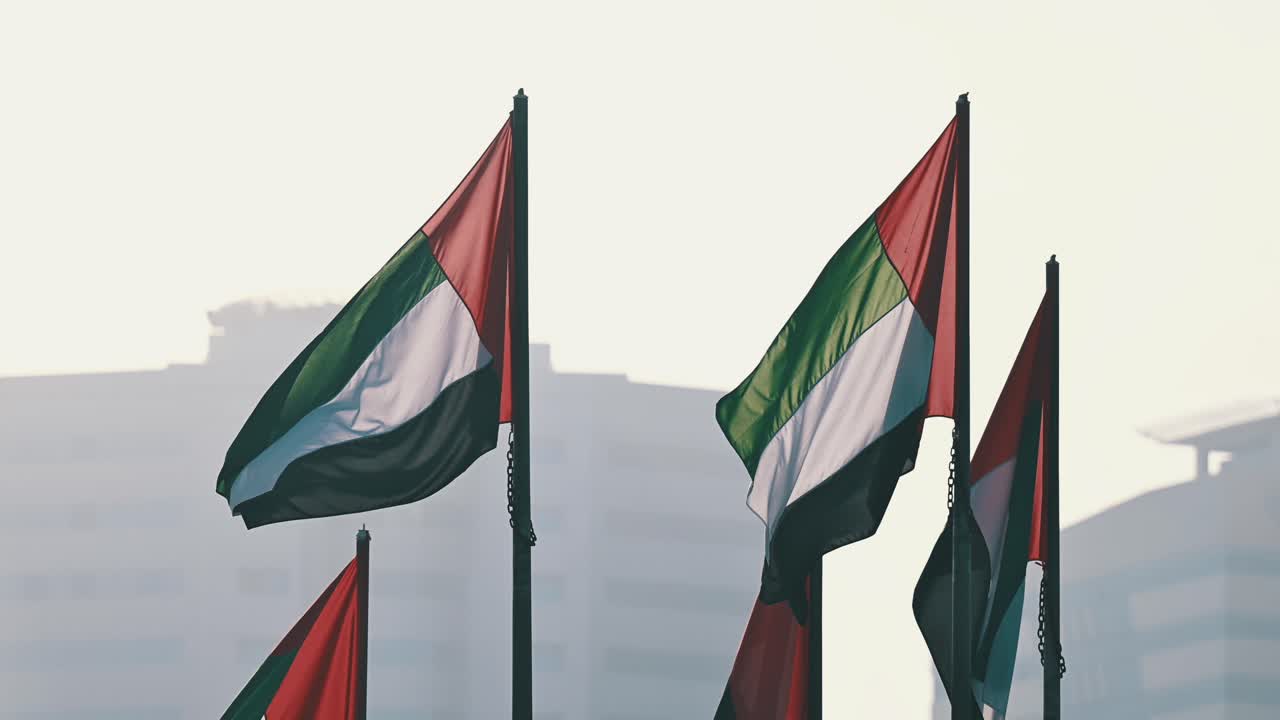 Le bandiere degli Emirati Arabi Uniti sventolano fieramente nell'aria durante le celebrazioni della Festa Nazionale degli Emirati Arabi Uniti