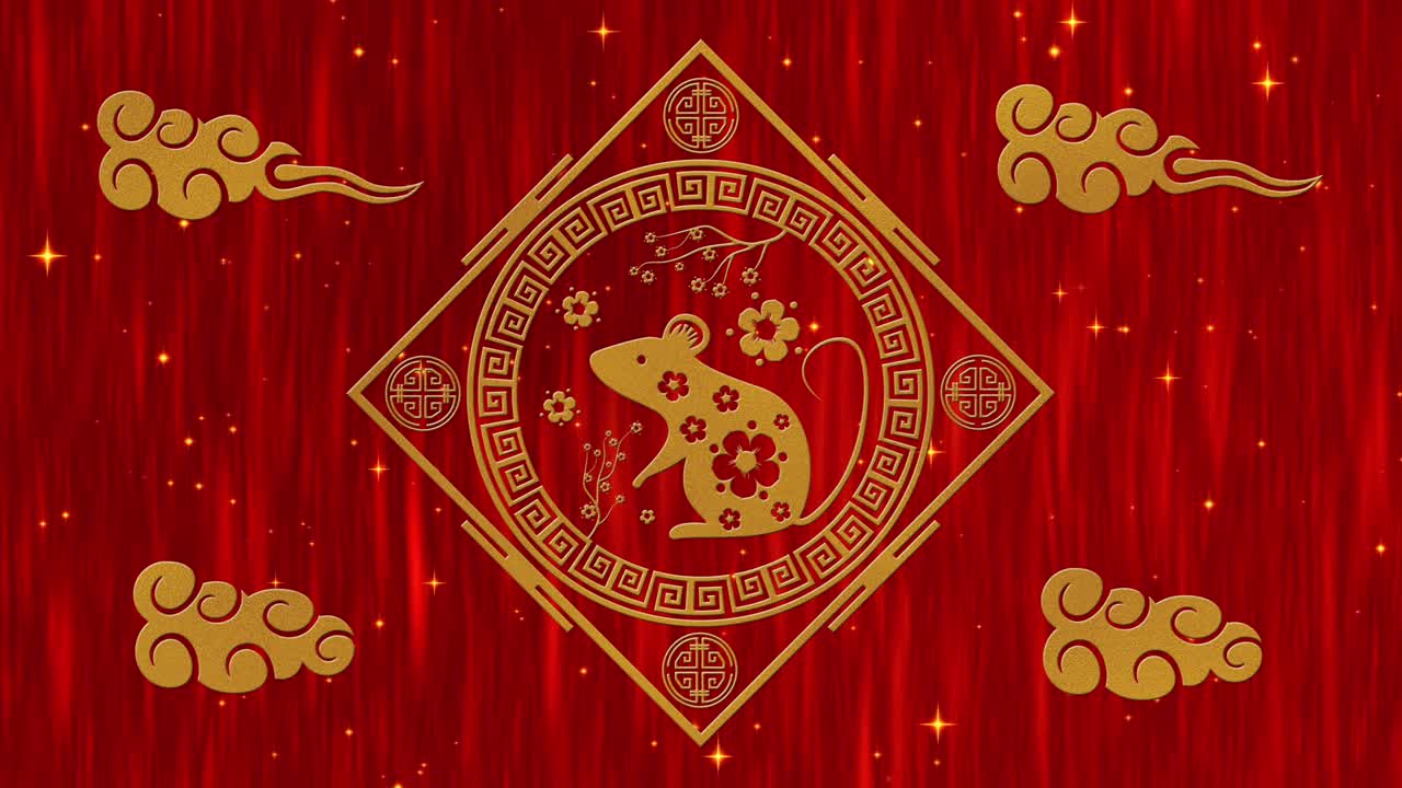 año nuevo lunar, fondo del festival de primavera con rata dorada, estrellas brillantes y nubes. año nuevo chino telón de fondo de papel rojo para el evento de vacaciones. animación de renderización 3d. bucle sin costuras 4k video