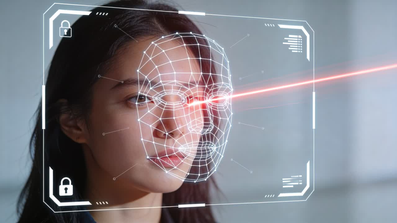 Scansione biometrica in corso, donna asiatica in giacca scura in laboratorio, HUD avvia la registrazione con laser rosso.
