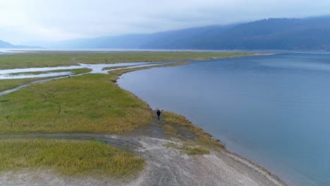 Man-walking-with-his-dog-near-lakeside-4k