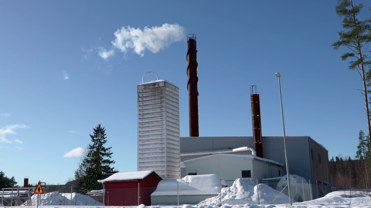 Fumo bianco che esce da un camino di una centrale di teleriscaldamento in una fredda e soleggiata giornata invernale in Svezia.