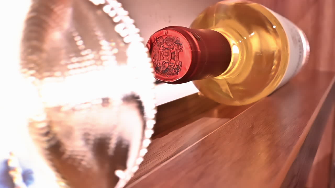 Bottiglia di vino bianco sullo scaffale, macro ravvicinata