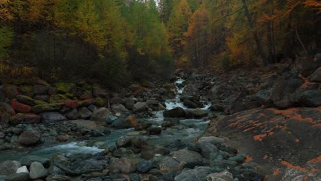 Feevispa-Fluss-Saas-Fee-Schweiz-Gletscher-Eiszeitlich-Gelb-Herbst-Lärchenwald-Schneeschmelze-Luftdrohne-Launisch-Regnerisch-Nebel-Bewölkt-Grau-Friedlich-Schweizerisch-Alpin-Alpen-Tal-Berg-Links-Langsam-