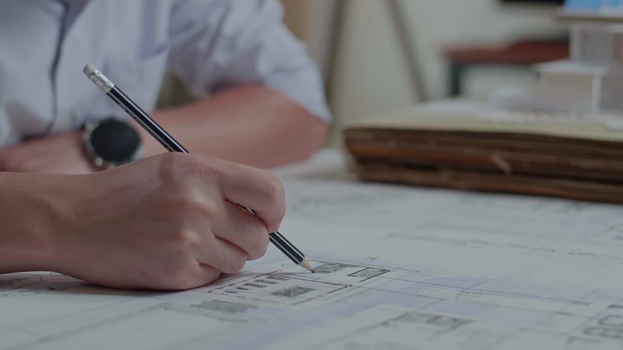 블루프린트에 태양광 패널이 있는 손의 남자 스케치 하우스