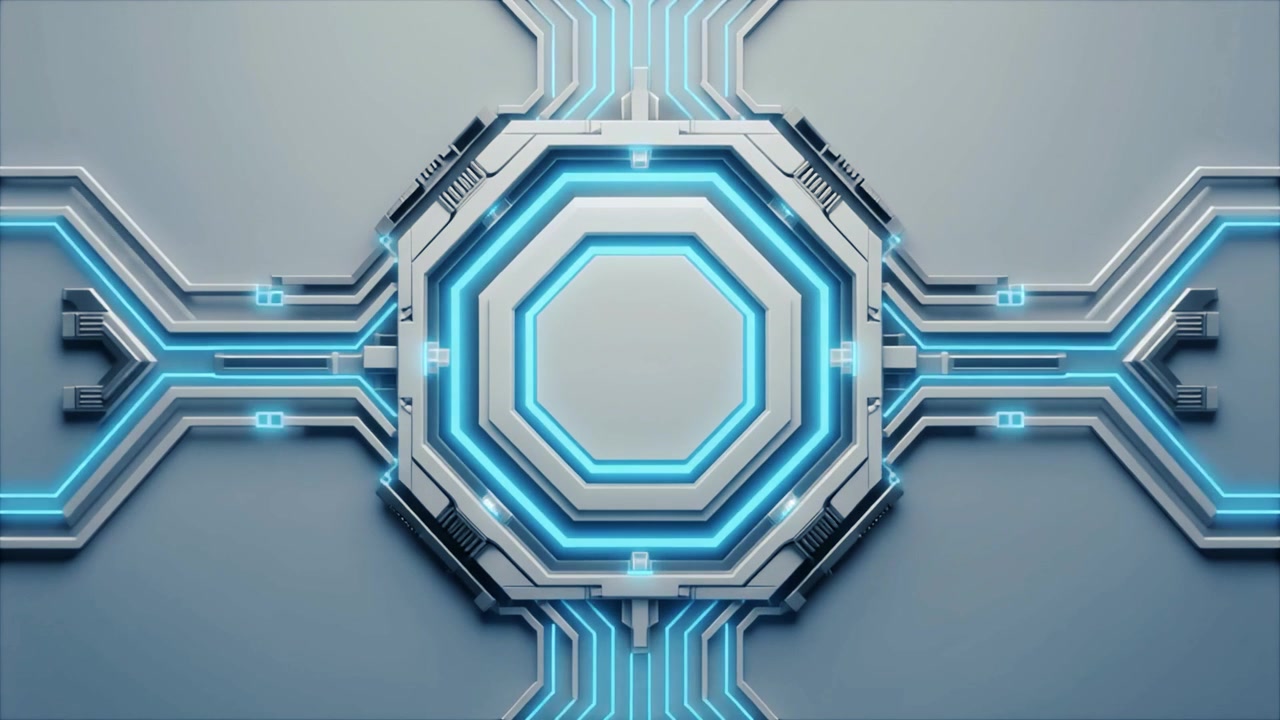 Microchip futuristico con luce blu che attiva circuiti digitali