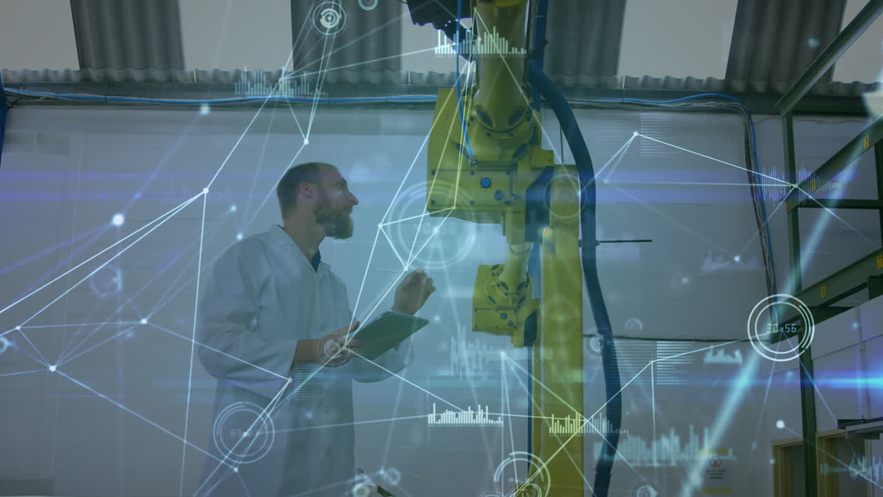 animación del procesamiento de datos financieros sobre máquinas de inspección de trabajadores masculinos