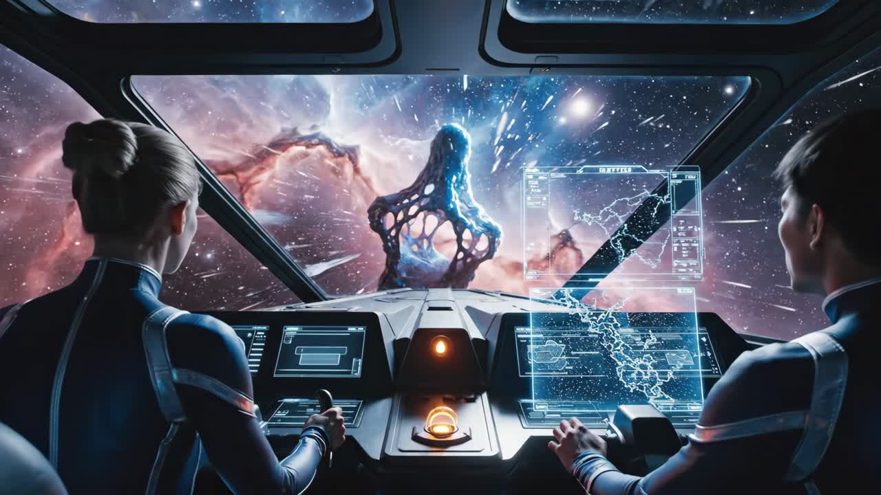 Two Pilots Navigate a Spaceship Through a Nebula with Holographic Displays
