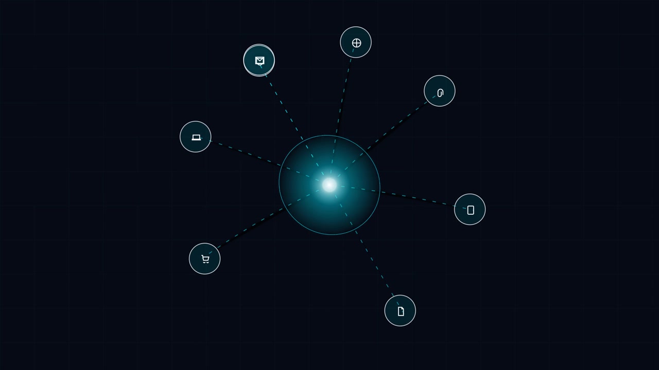 Hub di rete digitale con icone connesse su sfondo scuro
