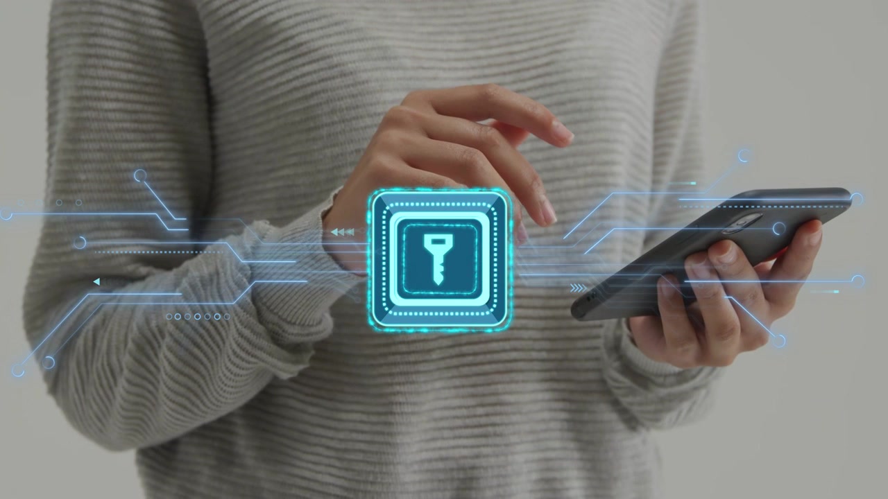 Woman holding smartphone, left hand tapping for security access, glowing key and circuitry reacting