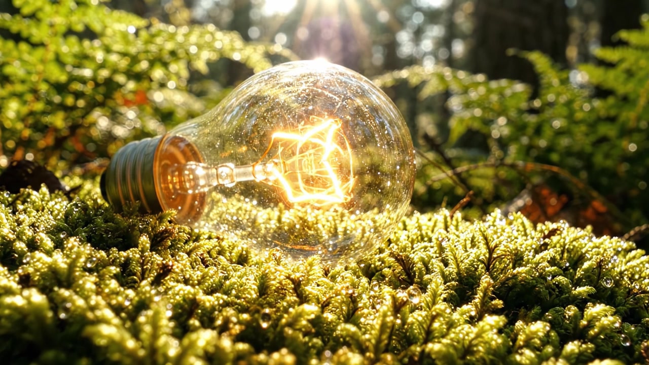 Un Momento Cautivador de Naturaleza e Inspiración: Una Bombilla Brilla Entre Helechos y Musgo, Simbolizando la Creatividad y el Poder de las Ideas en un Entorno Forestal Sereno