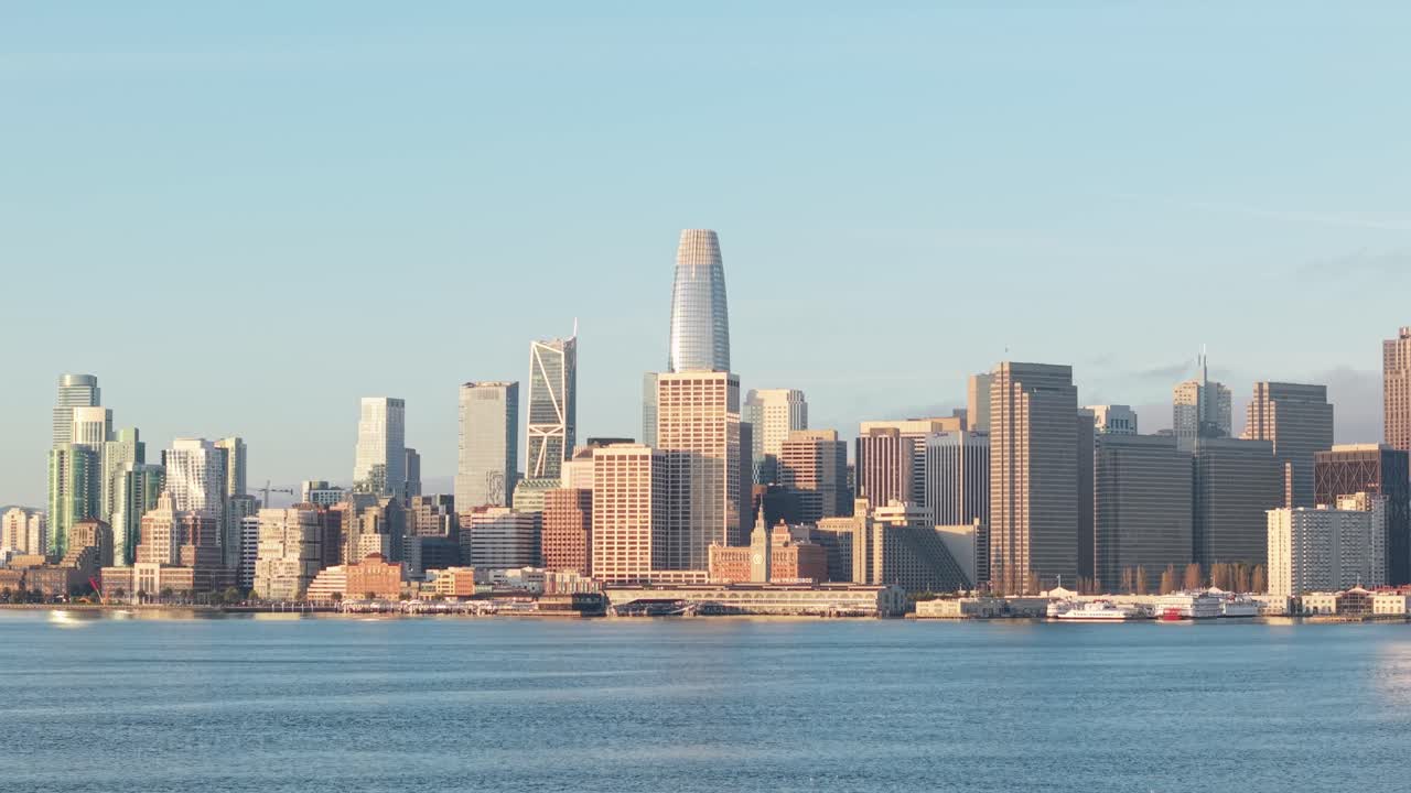 A slow left to right aerial panning view of the San Francisco Embarcadero. Filmed in 4K.
