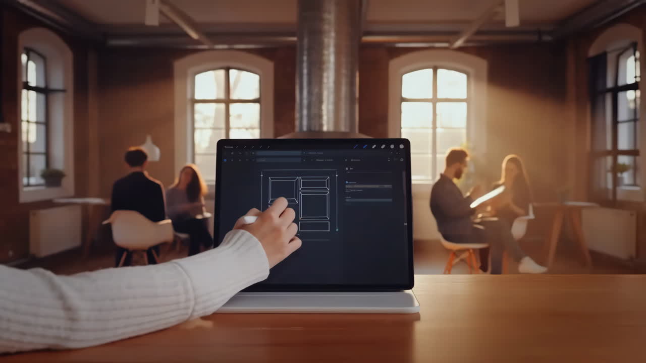 Person using a stylus on a tablet for digital design in a modern office