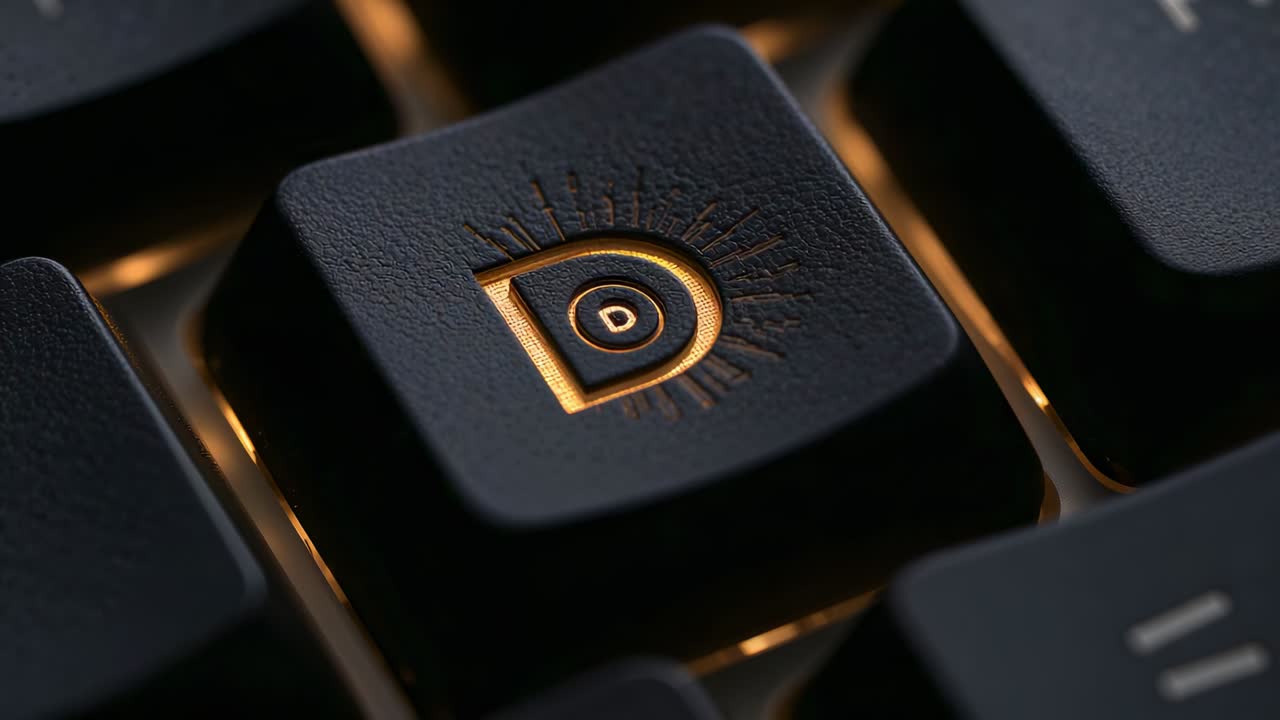 Pushing camera in, black letter D keycap highlighting radial detail on backlit keys with amber glow
