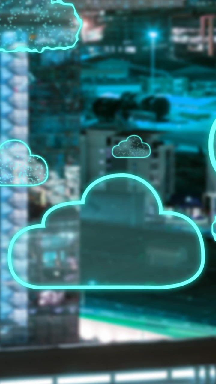 Animazione di nuvole digitali che volano su un paesaggio urbano.