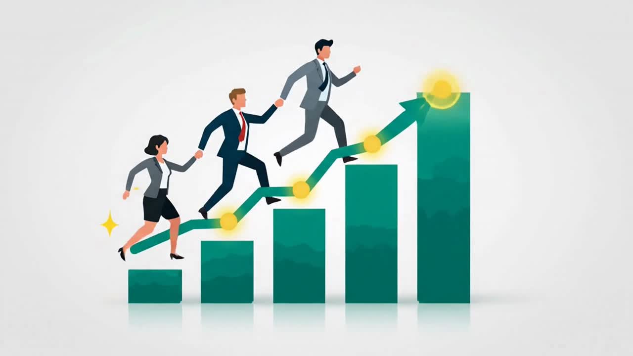 Business Team Holding Hands and Running Up a Growth Chart Arrow