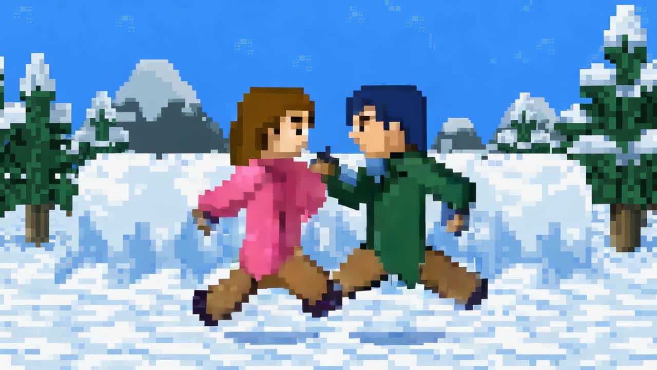 Una coppia di pixel che si guarda, con cappotti rosa e verdi, che cammina, si abbraccia, cade e ride nella neve