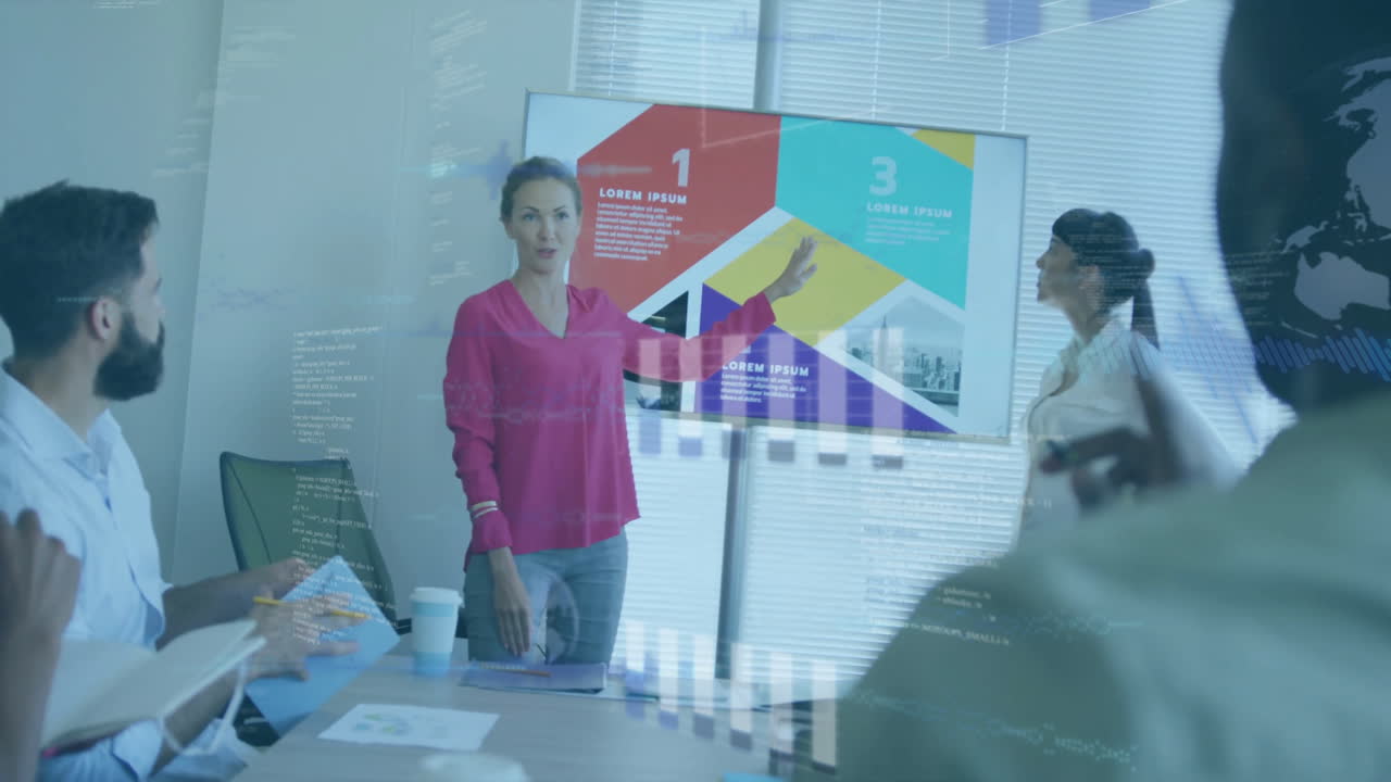 animación del procesamiento de datos financieros sobre diversas personas de negocios en la oficina