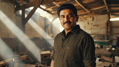 indian worker standing proudly in a cluttered workshop, with sun rays filtering through the roof, embodying the essence of small business and manual craftsmanship