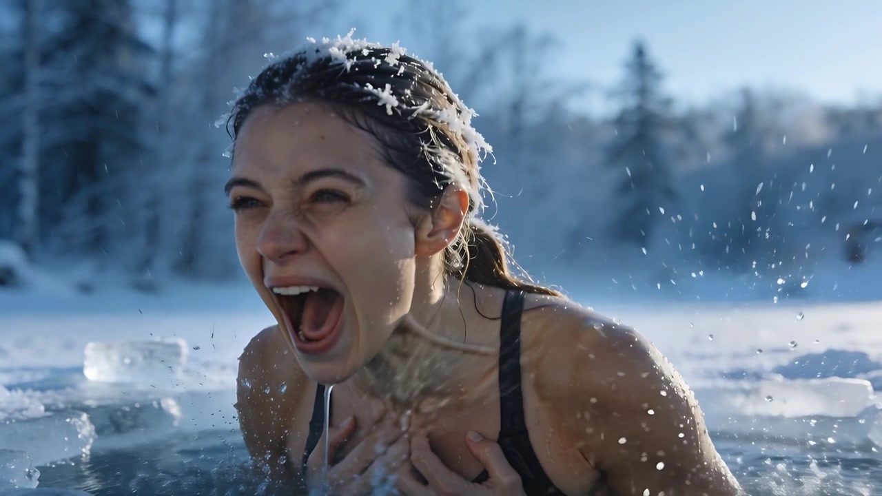 Donna in costume da bagno scuro che emerge e si arrampica da un buco tagliato in un lago ghiacciato, ansimando per l'acqua gelida.