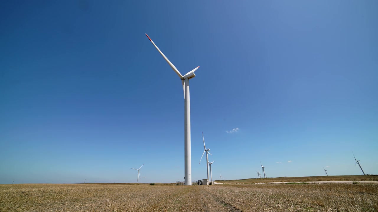 Turbine eoliche che ruotano in un vasto campo aperto sotto un cielo azzurro e limpido.