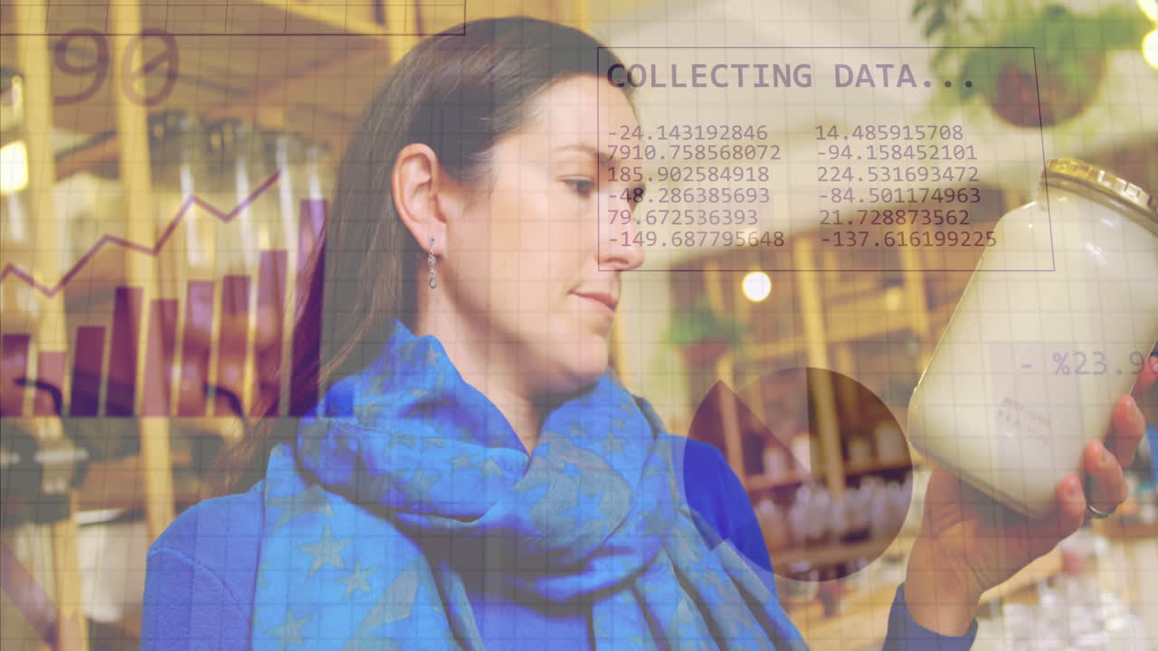 animación del procesamiento de datos estadísticos sobre una cliente caucásica en una tienda de alimentos