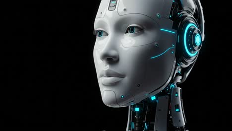 close-up of a futuristic humanoid robot with a sleek design and glowing blue accents, showcasing advanced artificial intelligence and robotics in a dark environment